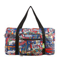 Front-facing view of holdall with handles extended, featuring a great britain montage design.