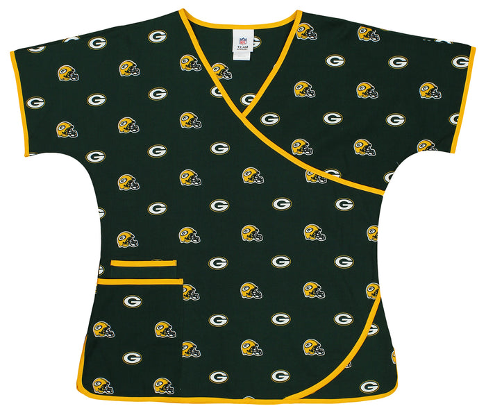 Fabrique Innovations NFL Women's Green Bay Packers Repeat Logo Wrap Scrub Top