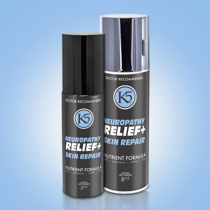 Two bottles of K5 Neuropathy Relief+ Skin Repair on a light blue background