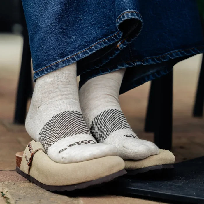 person wearing mushroom wicked comfort merino wool performance sock 1/4 crew length | OS1st
